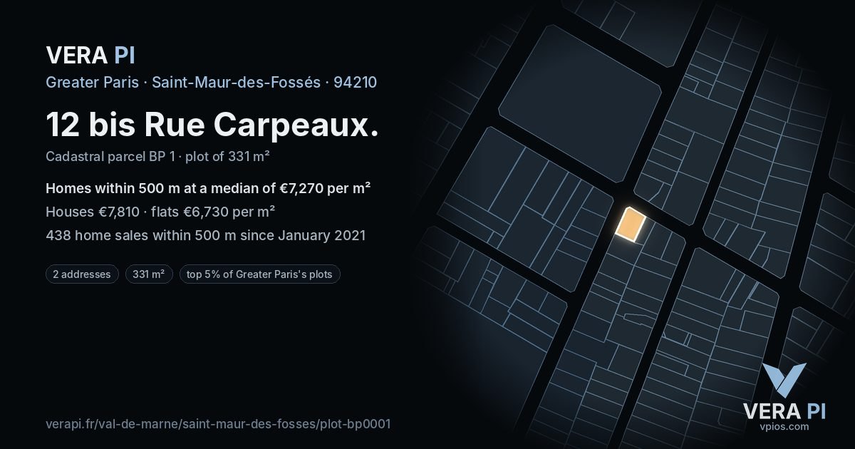 12 bis Rue Carpeaux, Saint-Maur-des-Fossés at night – the plot lit, the parcels around coloured by the prices near them