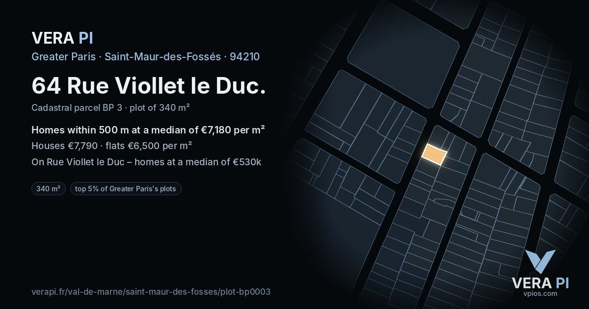 64 Rue Viollet le Duc, Saint-Maur-des-Fossés at night – the plot lit, the parcels around coloured by the prices near them