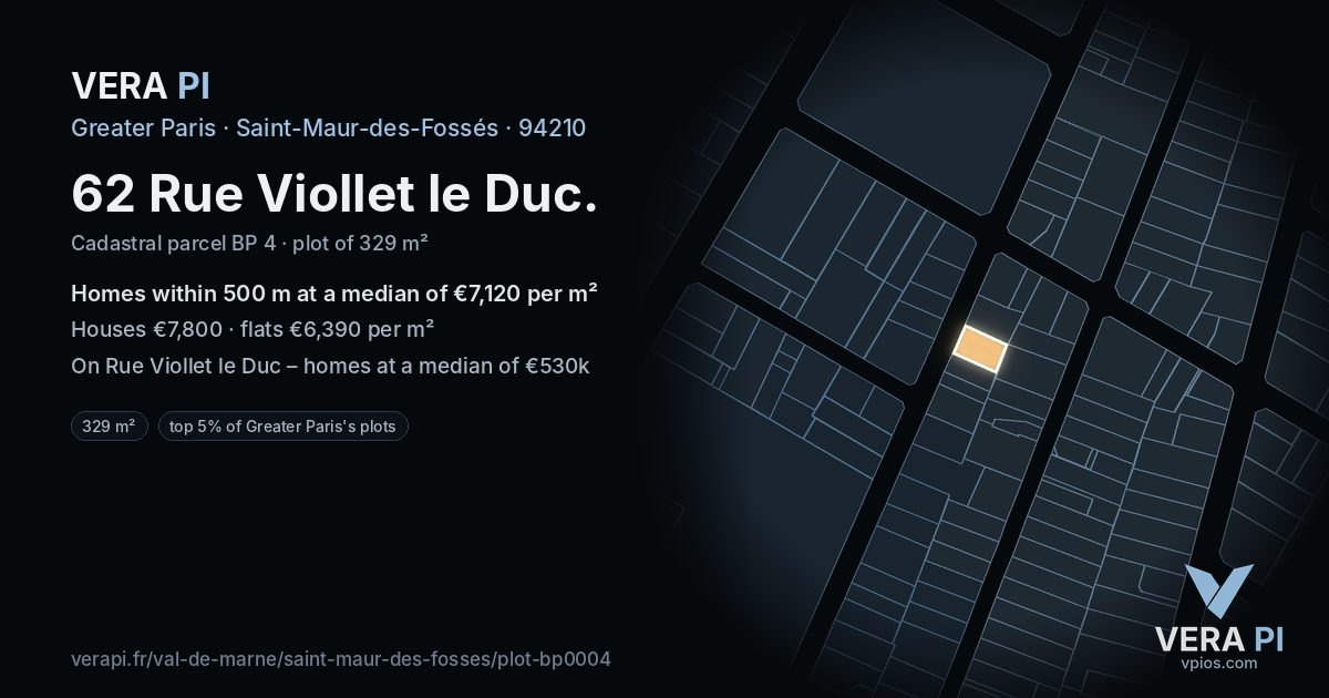 62 Rue Viollet le Duc, Saint-Maur-des-Fossés at night – the plot lit, the parcels around coloured by the prices near them