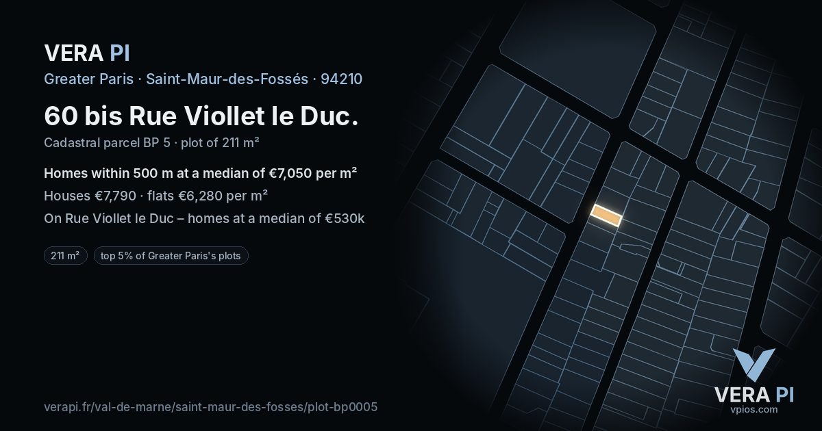 60 bis Rue Viollet le Duc, Saint-Maur-des-Fossés at night – the plot lit, the parcels around coloured by the prices near them