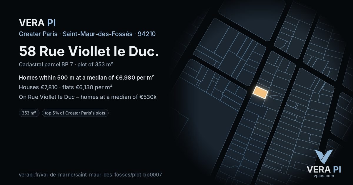 58 Rue Viollet le Duc, Saint-Maur-des-Fossés at night – the plot lit, the parcels around coloured by the prices near them