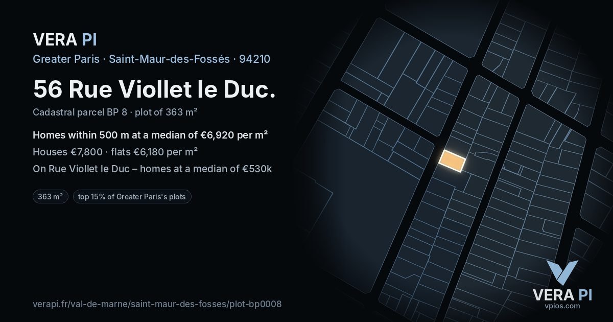 56 Rue Viollet le Duc, Saint-Maur-des-Fossés at night – the plot lit, the parcels around coloured by the prices near them