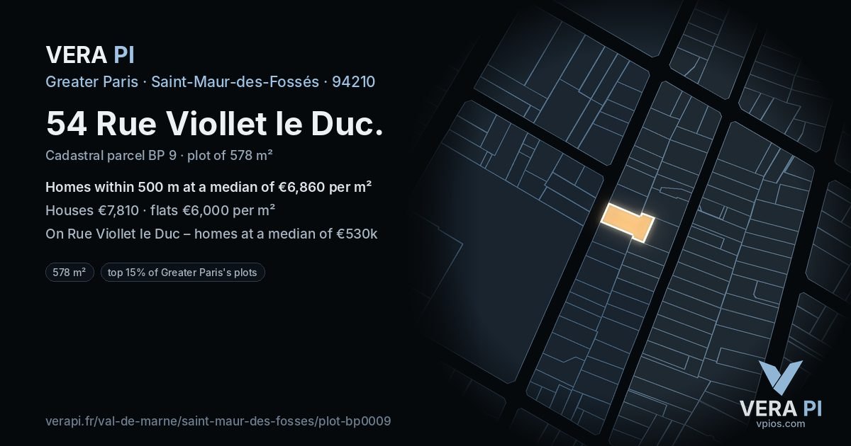 54 Rue Viollet le Duc, Saint-Maur-des-Fossés at night – the plot lit, the parcels around coloured by the prices near them
