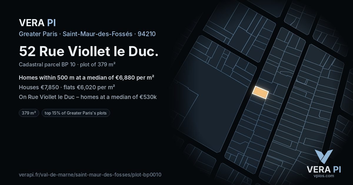 52 Rue Viollet le Duc, Saint-Maur-des-Fossés at night – the plot lit, the parcels around coloured by the prices near them