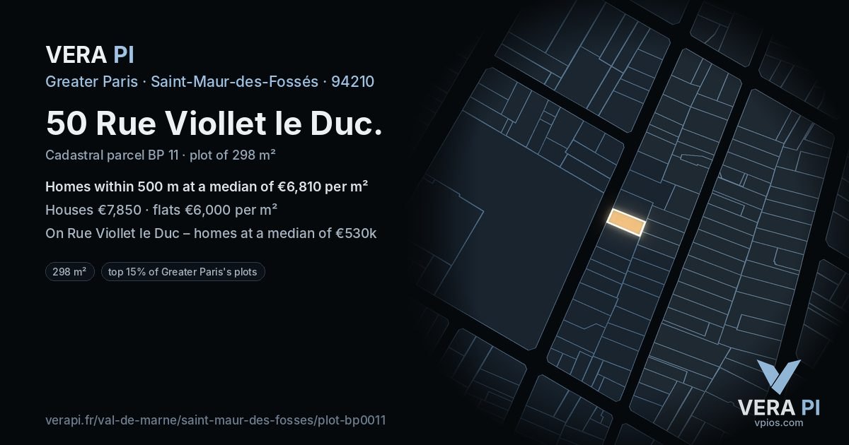 50 Rue Viollet le Duc, Saint-Maur-des-Fossés at night – the plot lit, the parcels around coloured by the prices near them
