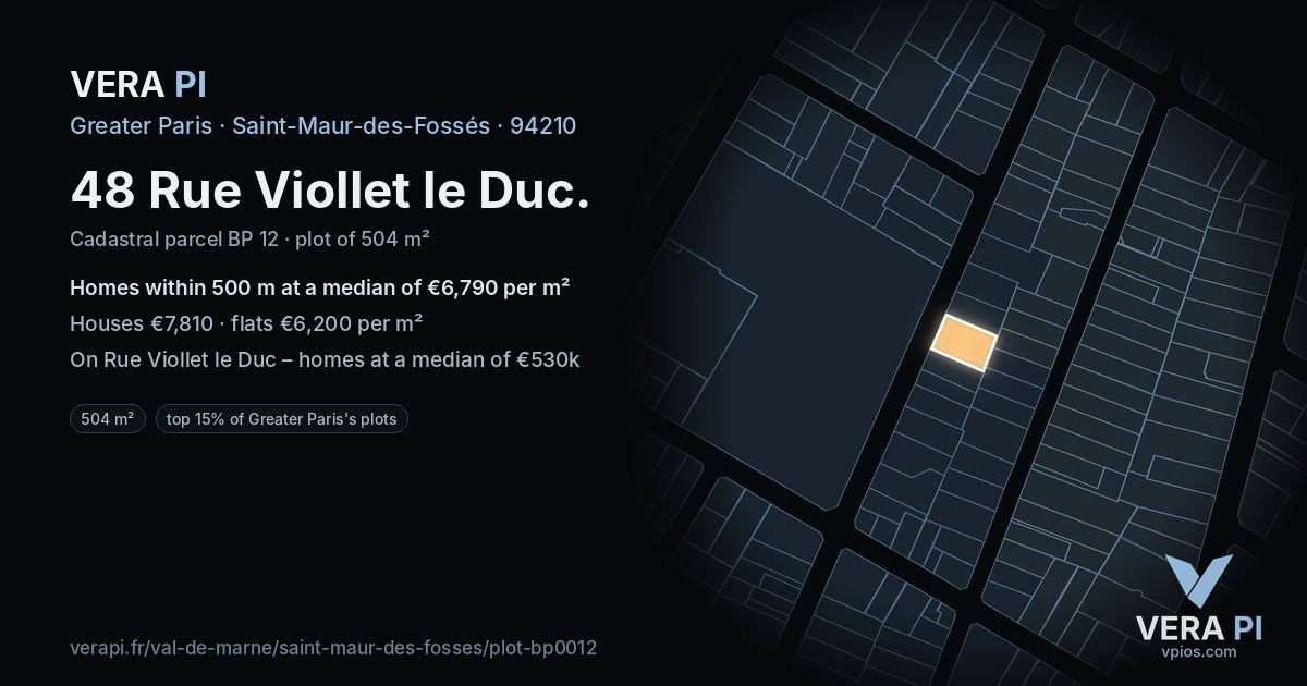 48 Rue Viollet le Duc, Saint-Maur-des-Fossés at night – the plot lit, the parcels around coloured by the prices near them