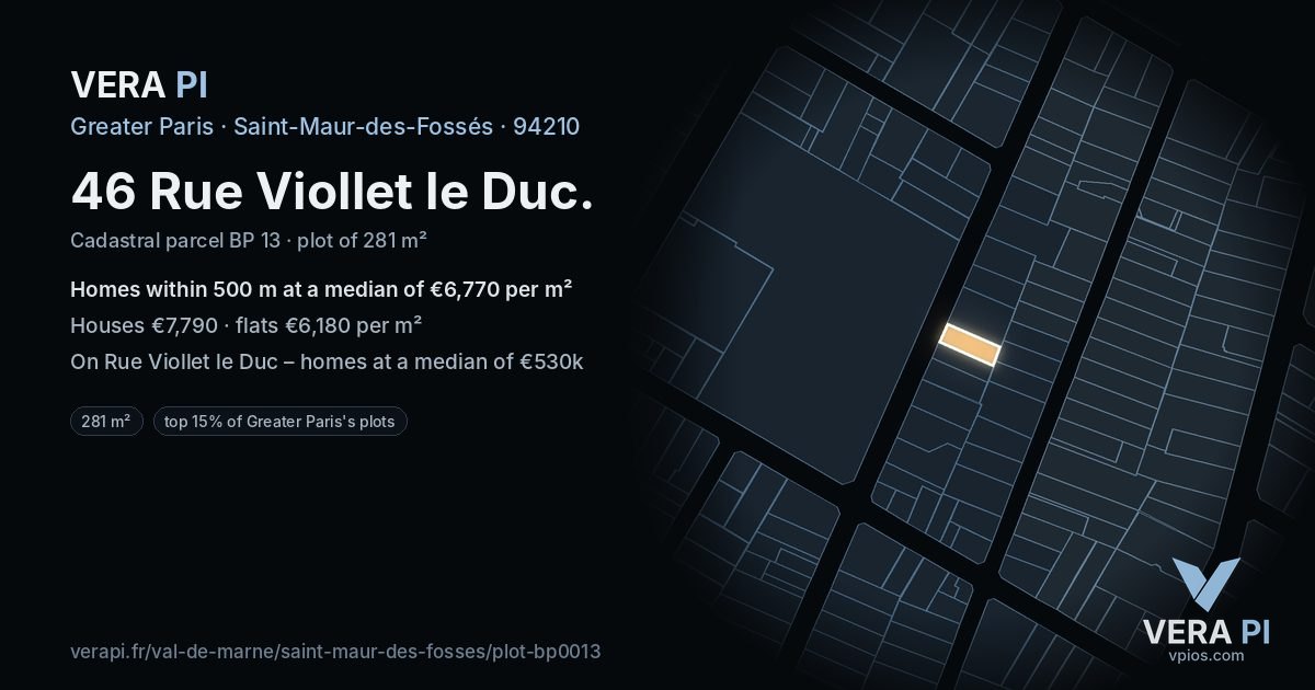 46 Rue Viollet le Duc, Saint-Maur-des-Fossés at night – the plot lit, the parcels around coloured by the prices near them