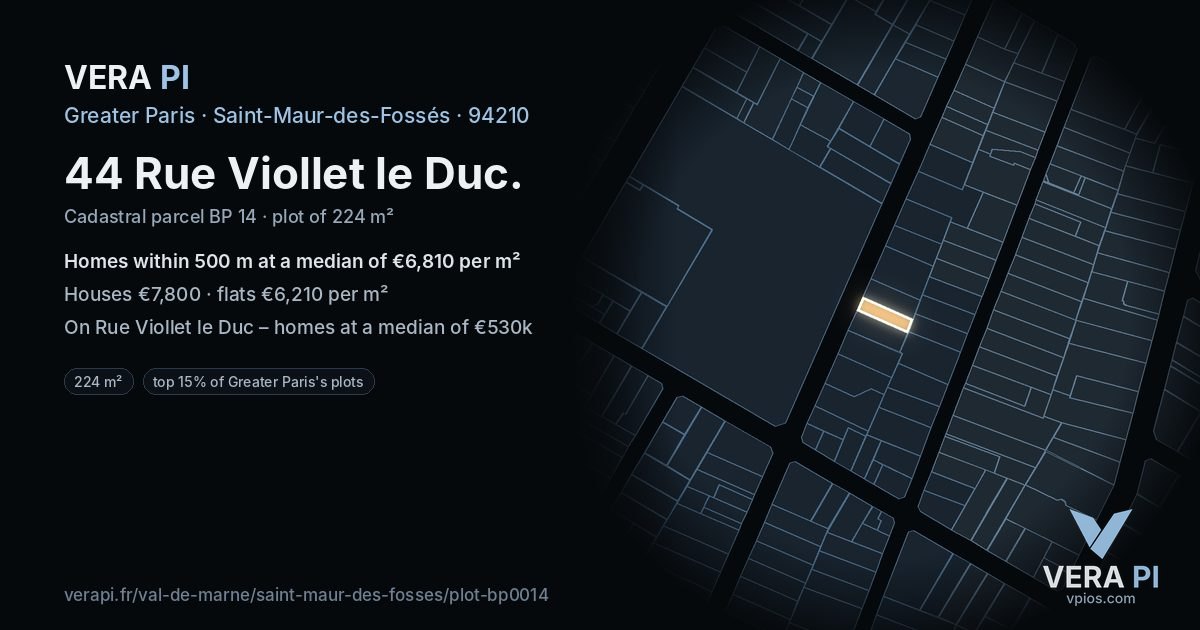 44 Rue Viollet le Duc, Saint-Maur-des-Fossés at night – the plot lit, the parcels around coloured by the prices near them