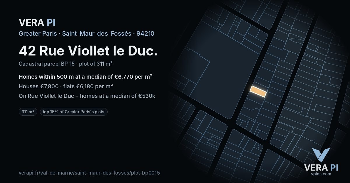 42 Rue Viollet le Duc, Saint-Maur-des-Fossés at night – the plot lit, the parcels around coloured by the prices near them