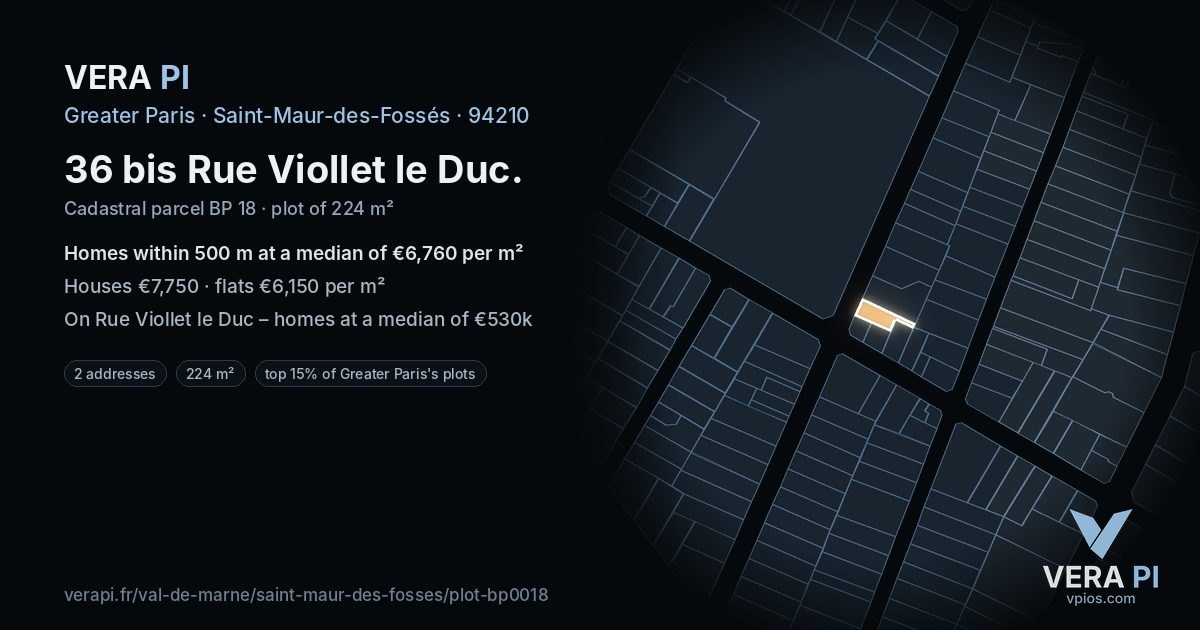 36 bis Rue Viollet le Duc, Saint-Maur-des-Fossés at night – the plot lit, the parcels around coloured by the prices near them