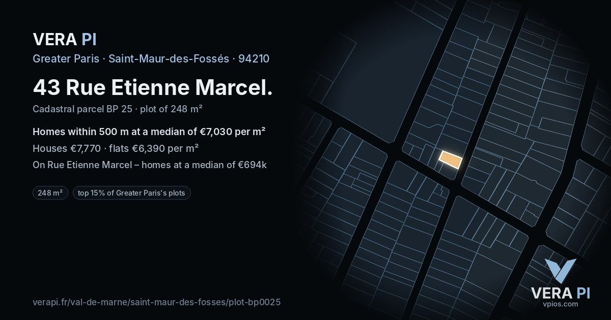 43 Rue Etienne Marcel, Saint-Maur-des-Fossés at night – the plot lit, the parcels around coloured by the prices near them