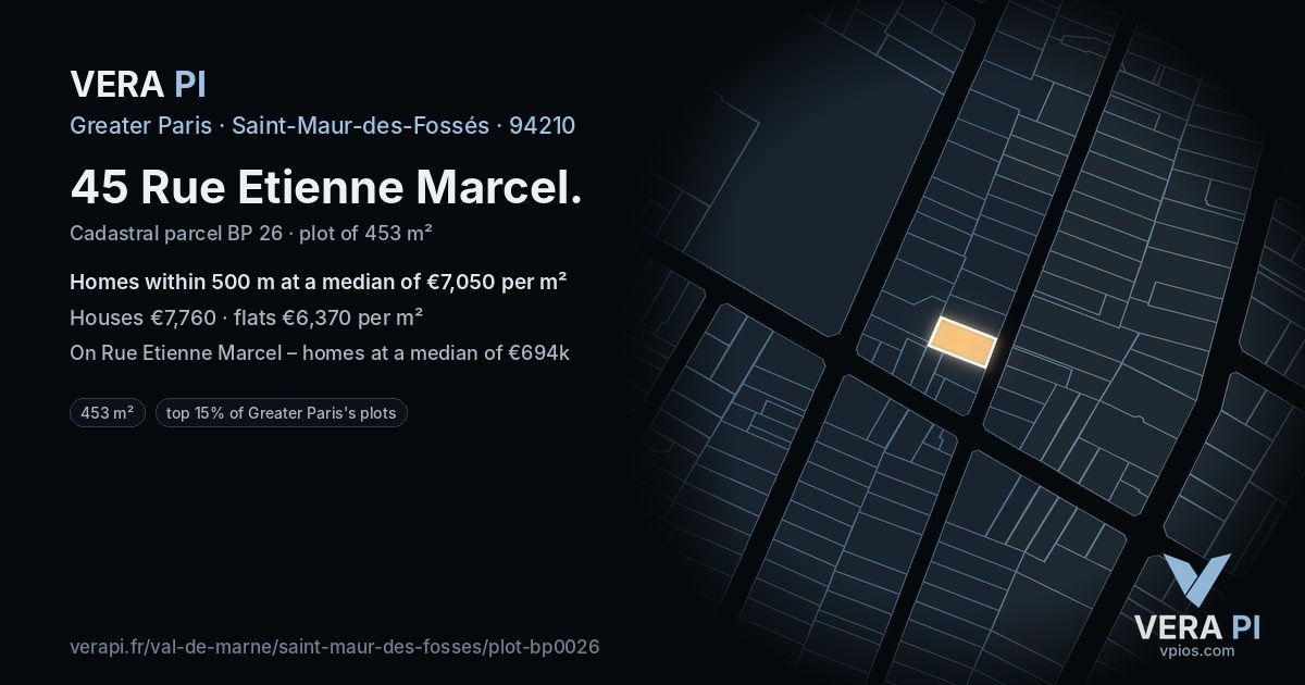 45 Rue Etienne Marcel, Saint-Maur-des-Fossés at night – the plot lit, the parcels around coloured by the prices near them