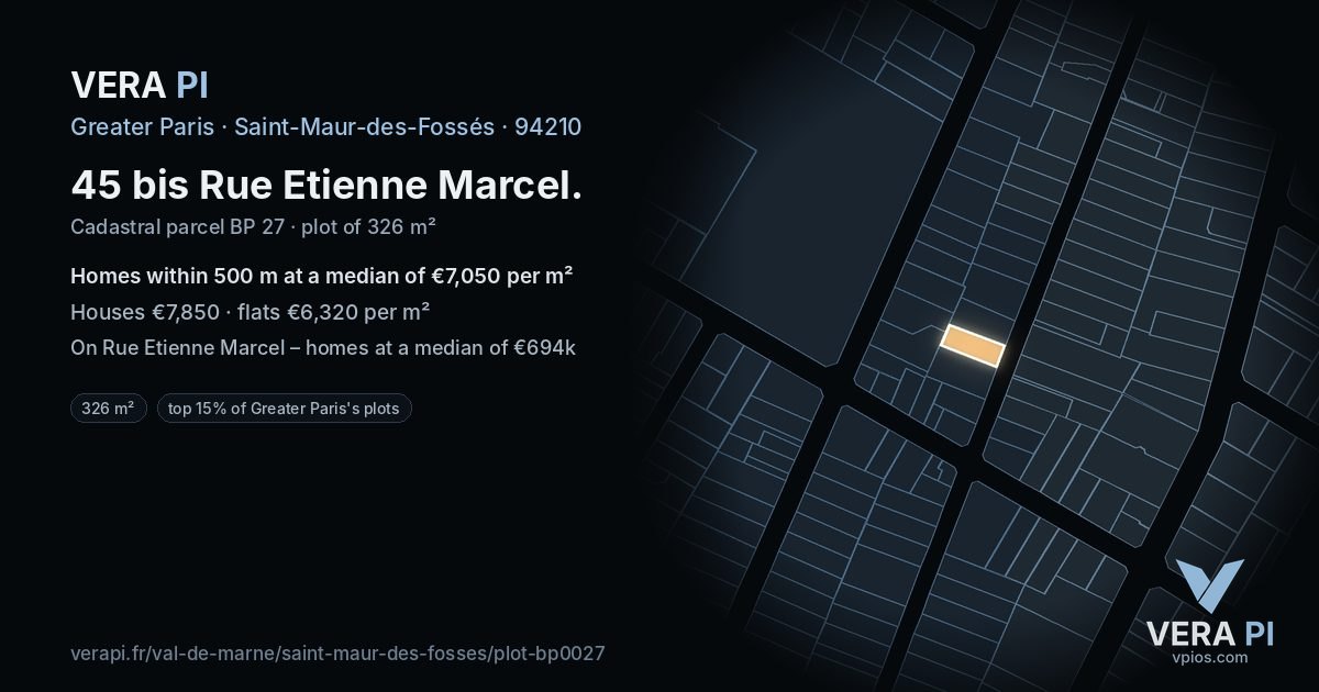 45 bis Rue Etienne Marcel, Saint-Maur-des-Fossés at night – the plot lit, the parcels around coloured by the prices near them