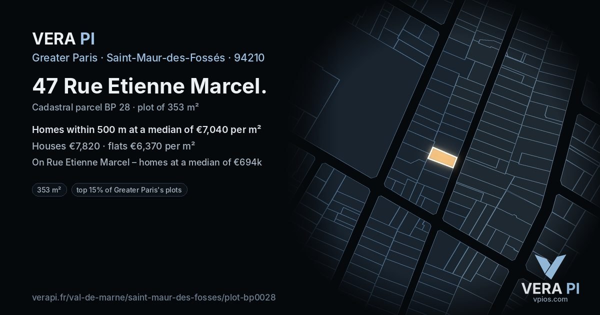 47 Rue Etienne Marcel, Saint-Maur-des-Fossés at night – the plot lit, the parcels around coloured by the prices near them