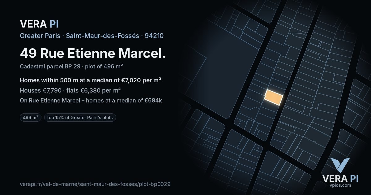 49 Rue Etienne Marcel, Saint-Maur-des-Fossés at night – the plot lit, the parcels around coloured by the prices near them