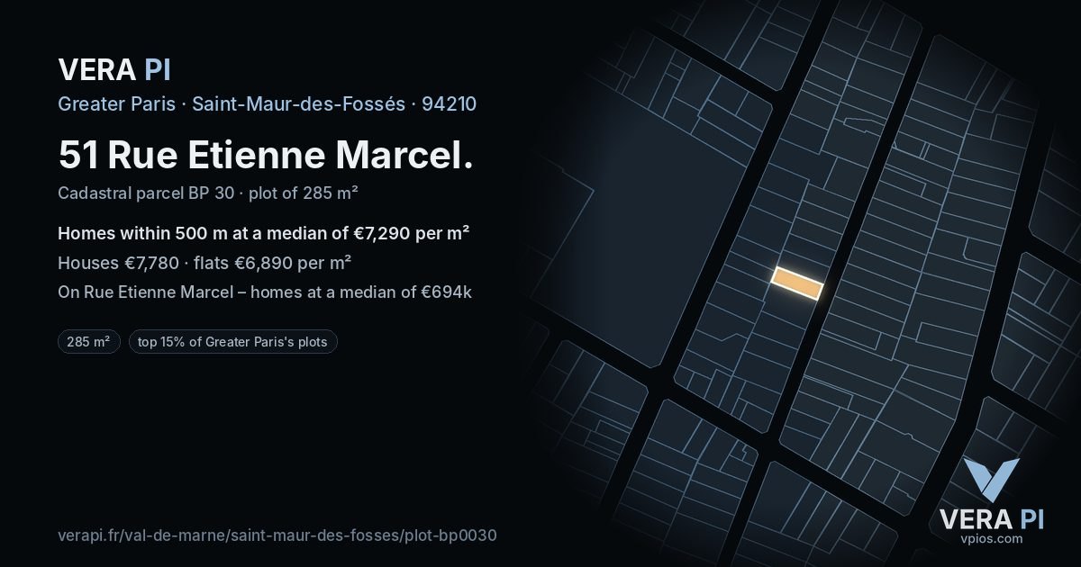 51 Rue Etienne Marcel, Saint-Maur-des-Fossés at night – the plot lit, the parcels around coloured by the prices near them