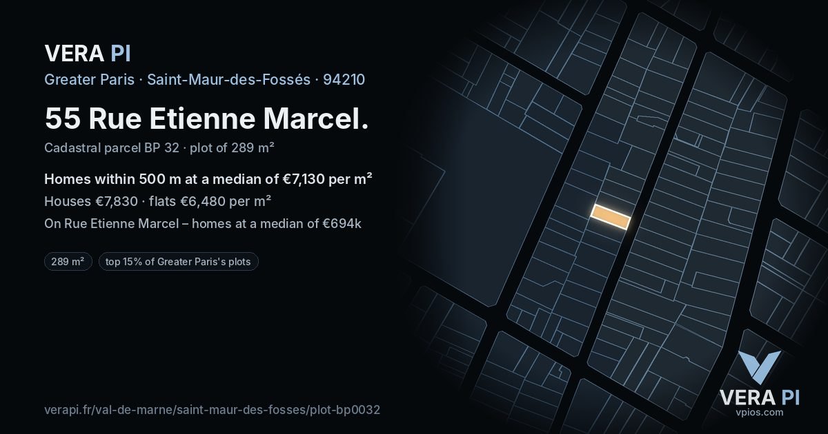 55 Rue Etienne Marcel, Saint-Maur-des-Fossés at night – the plot lit, the parcels around coloured by the prices near them