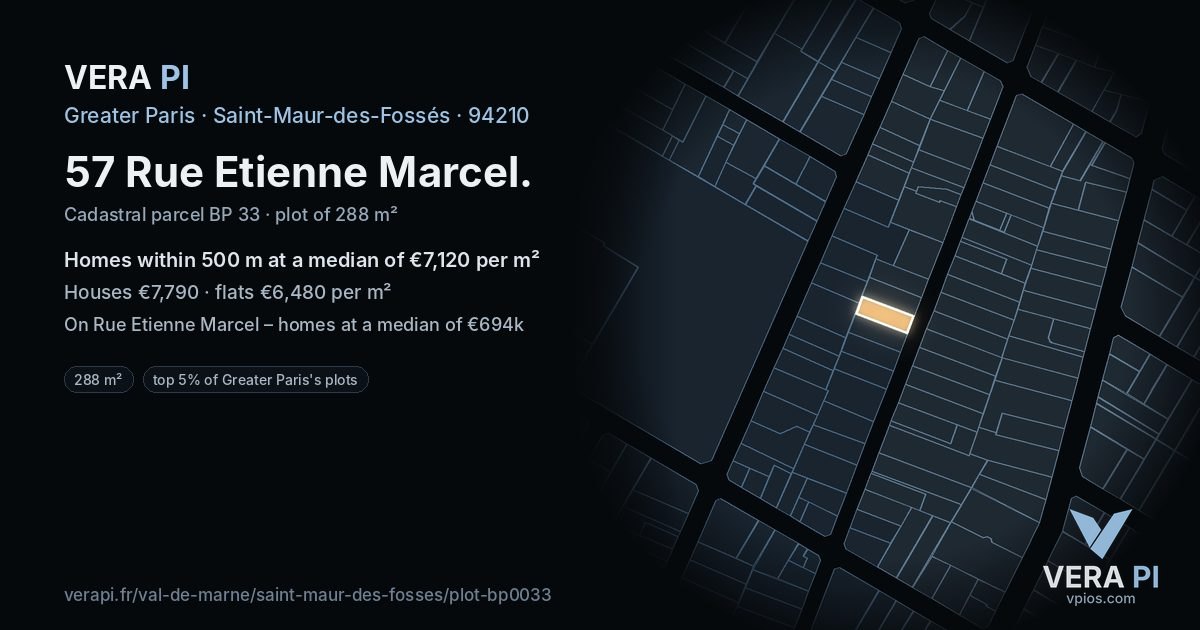 57 Rue Etienne Marcel, Saint-Maur-des-Fossés at night – the plot lit, the parcels around coloured by the prices near them