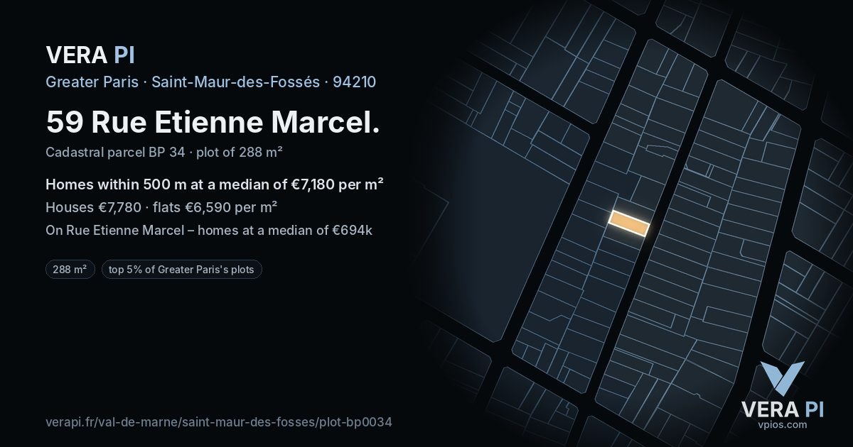 59 Rue Etienne Marcel, Saint-Maur-des-Fossés at night – the plot lit, the parcels around coloured by the prices near them