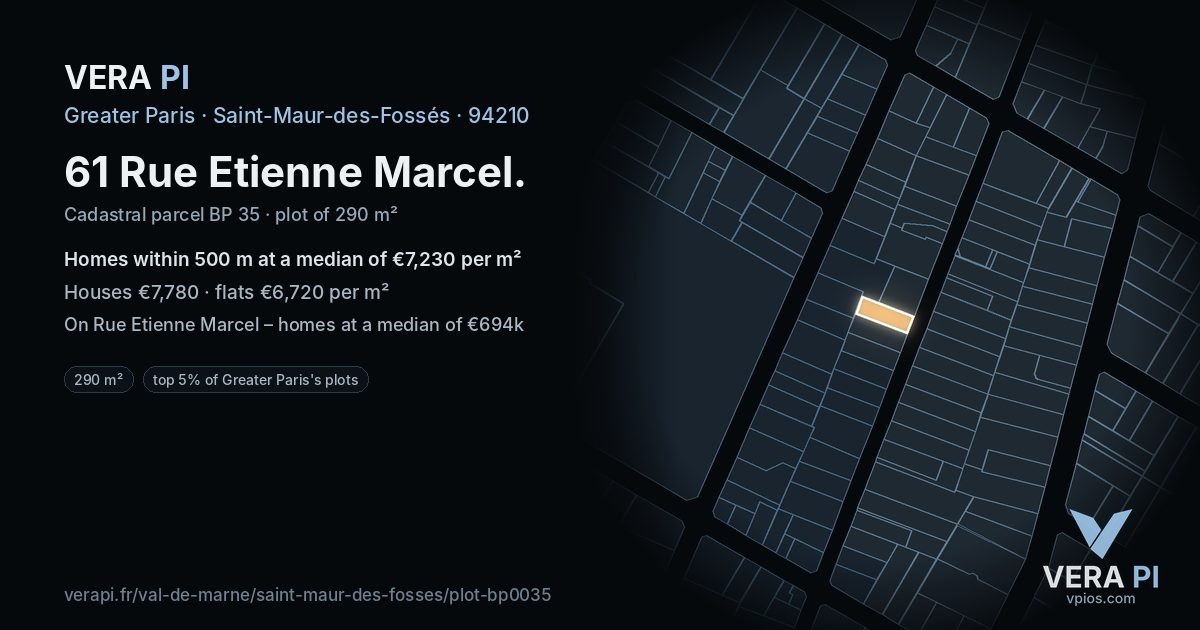 61 Rue Etienne Marcel, Saint-Maur-des-Fossés at night – the plot lit, the parcels around coloured by the prices near them