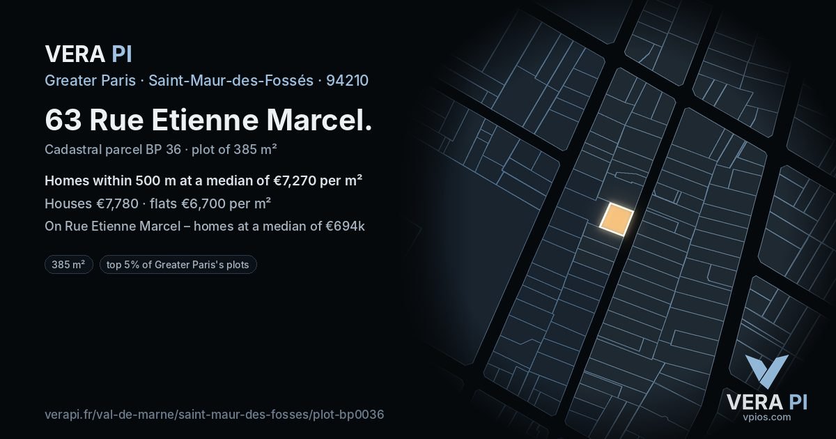 63 Rue Etienne Marcel, Saint-Maur-des-Fossés at night – the plot lit, the parcels around coloured by the prices near them
