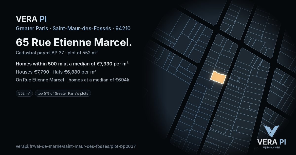 65 Rue Etienne Marcel, Saint-Maur-des-Fossés at night – the plot lit, the parcels around coloured by the prices near them