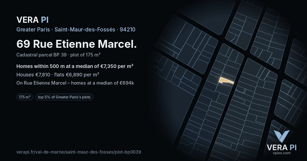 69 Rue Etienne Marcel, Saint-Maur-des-Fossés at night – the plot lit, the parcels around coloured by the prices near them