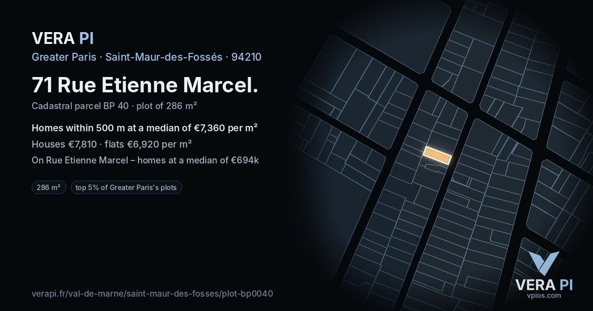 71 Rue Etienne Marcel, Saint-Maur-des-Fossés at night – the plot lit, the parcels around coloured by the prices near them