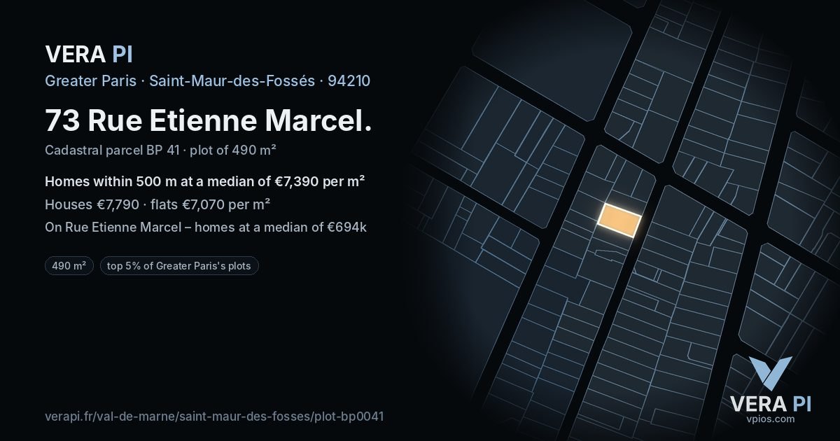73 Rue Etienne Marcel, Saint-Maur-des-Fossés at night – the plot lit, the parcels around coloured by the prices near them