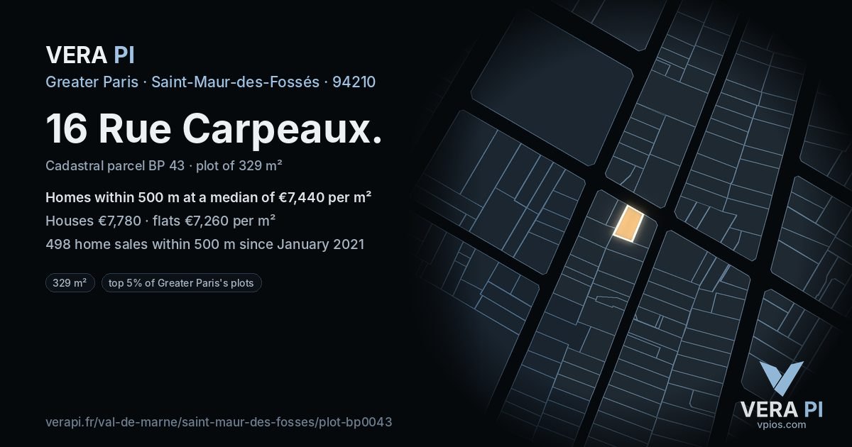 16 Rue Carpeaux, Saint-Maur-des-Fossés at night – the plot lit, the parcels around coloured by the prices near them