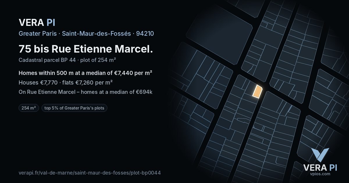 75 bis Rue Etienne Marcel, Saint-Maur-des-Fossés at night – the plot lit, the parcels around coloured by the prices near them