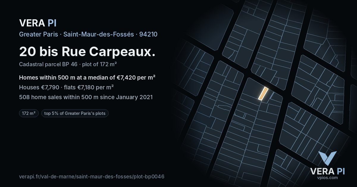 20 bis Rue Carpeaux, Saint-Maur-des-Fossés at night – the plot lit, the parcels around coloured by the prices near them
