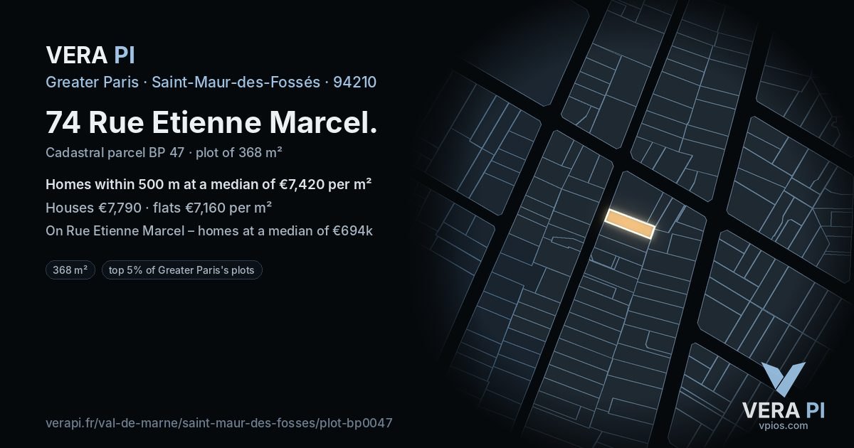 74 Rue Etienne Marcel, Saint-Maur-des-Fossés at night – the plot lit, the parcels around coloured by the prices near them