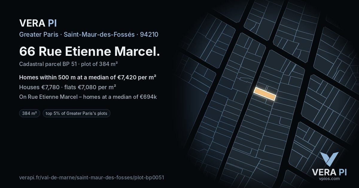 66 Rue Etienne Marcel, Saint-Maur-des-Fossés at night – the plot lit, the parcels around coloured by the prices near them