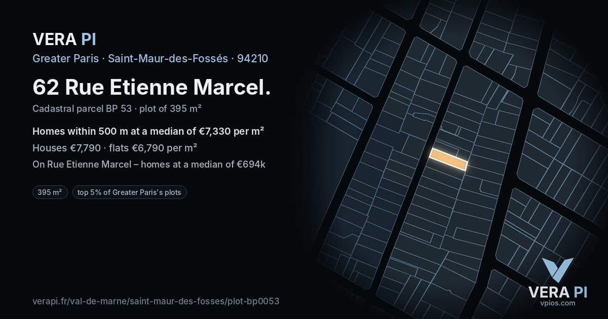 62 Rue Etienne Marcel, Saint-Maur-des-Fossés at night – the plot lit, the parcels around coloured by the prices near them