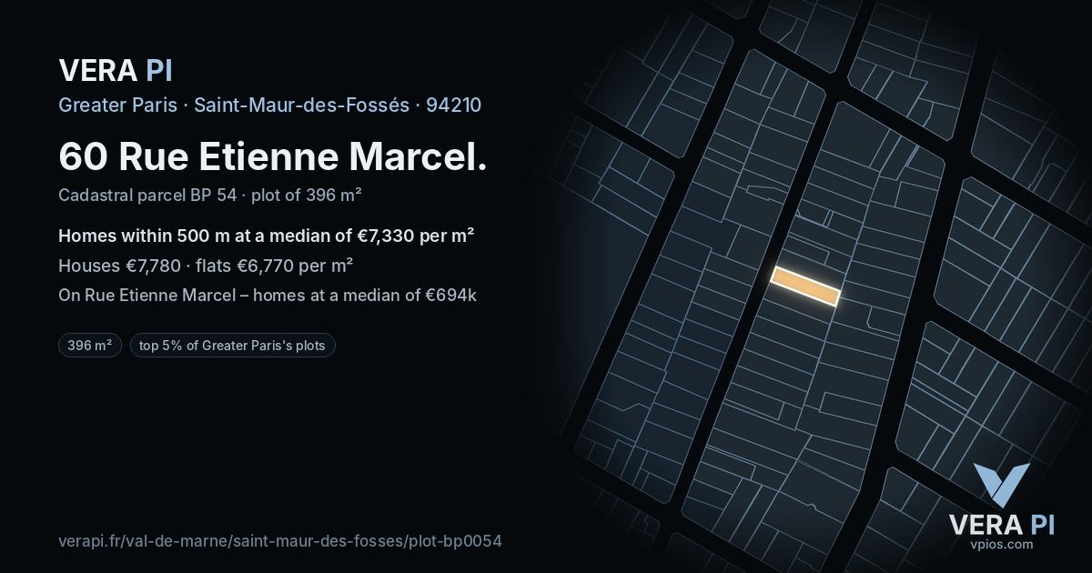 60 Rue Etienne Marcel, Saint-Maur-des-Fossés at night – the plot lit, the parcels around coloured by the prices near them