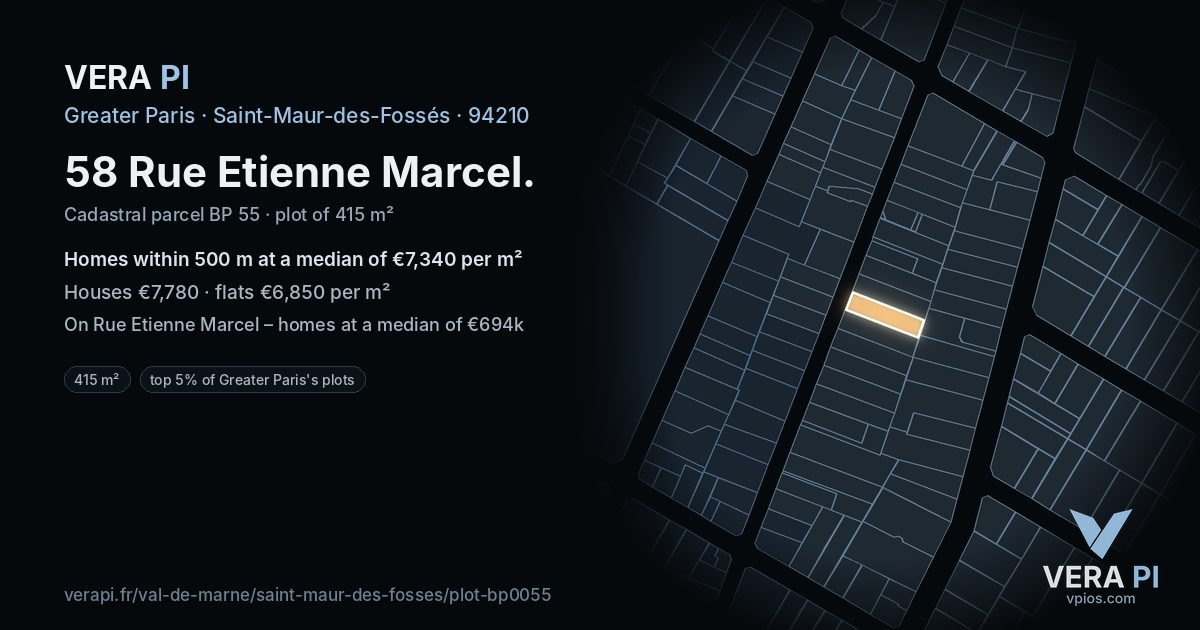 58 Rue Etienne Marcel, Saint-Maur-des-Fossés at night – the plot lit, the parcels around coloured by the prices near them