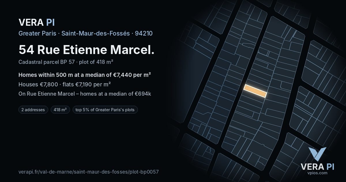 54 Rue Etienne Marcel, Saint-Maur-des-Fossés at night – the plot lit, the parcels around coloured by the prices near them