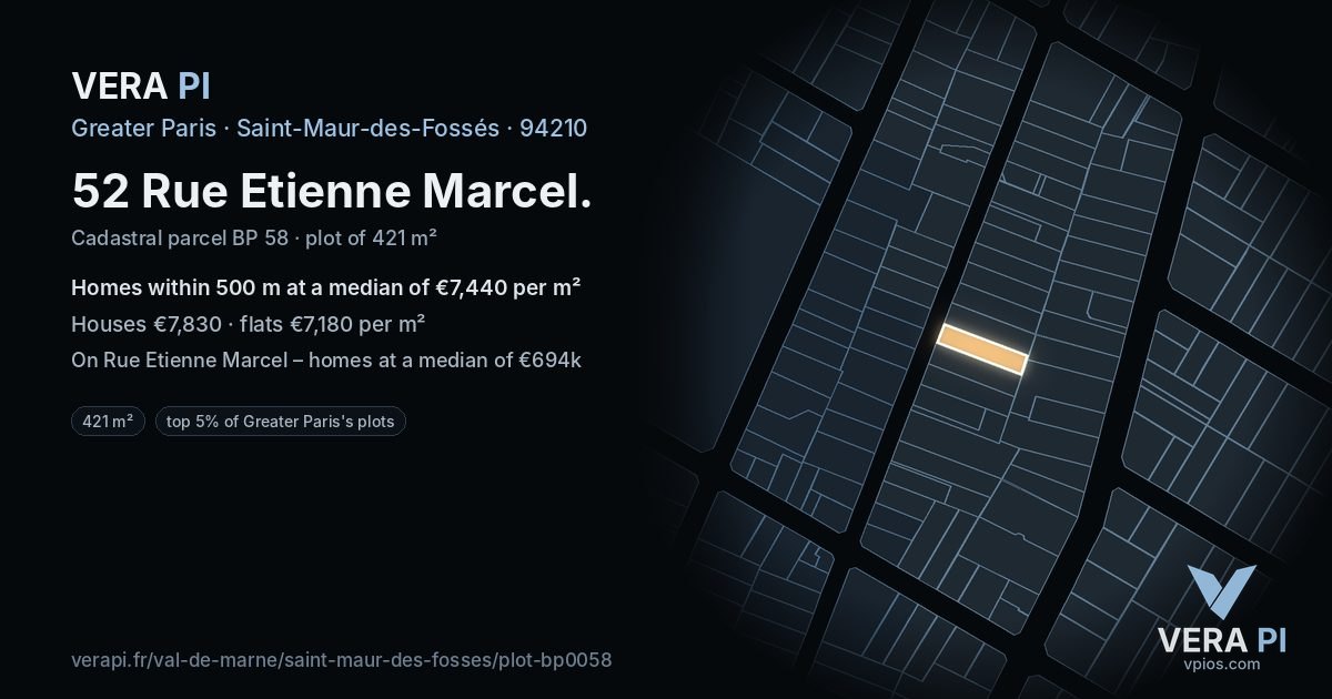 52 Rue Etienne Marcel, Saint-Maur-des-Fossés at night – the plot lit, the parcels around coloured by the prices near them