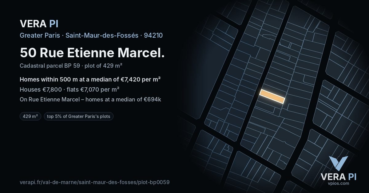 50 Rue Etienne Marcel, Saint-Maur-des-Fossés at night – the plot lit, the parcels around coloured by the prices near them