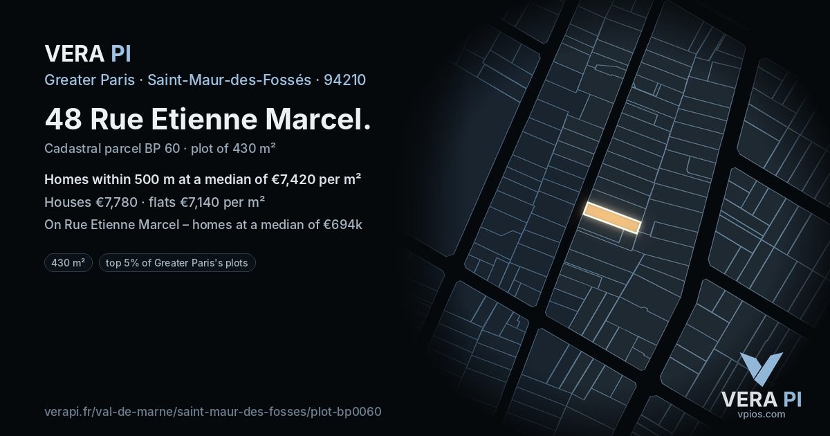 48 Rue Etienne Marcel, Saint-Maur-des-Fossés at night – the plot lit, the parcels around coloured by the prices near them