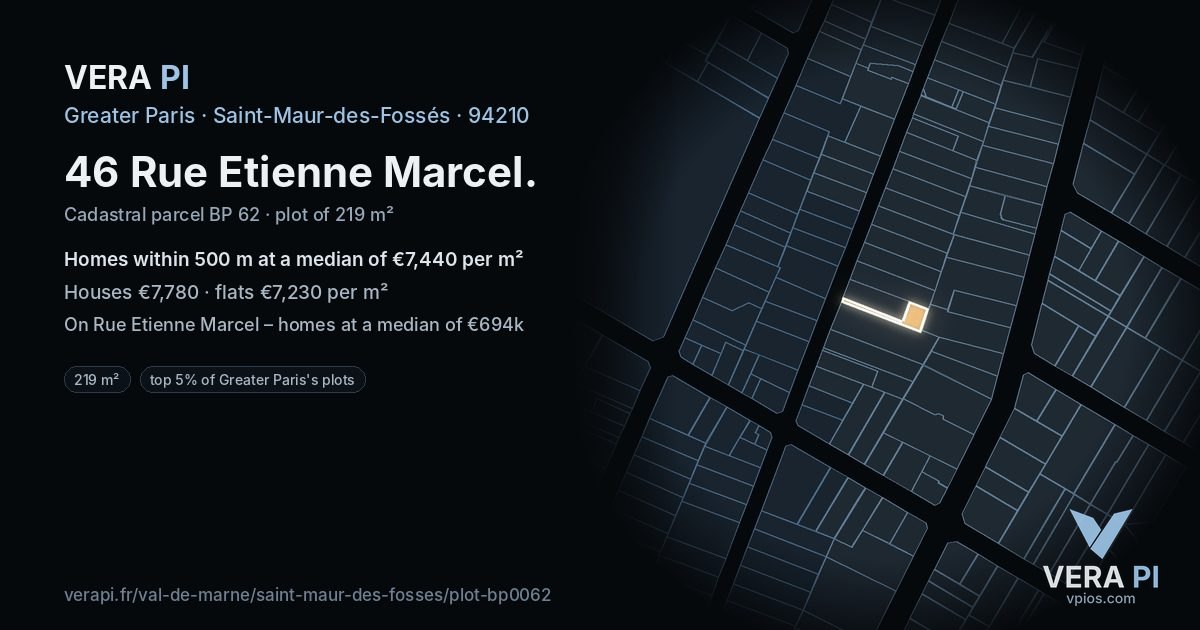 46 Rue Etienne Marcel, Saint-Maur-des-Fossés at night – the plot lit, the parcels around coloured by the prices near them
