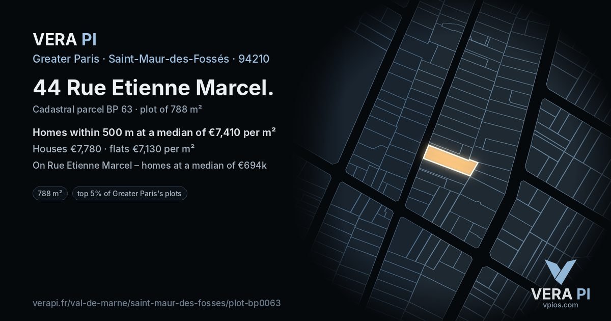 44 Rue Etienne Marcel, Saint-Maur-des-Fossés at night – the plot lit, the parcels around coloured by the prices near them
