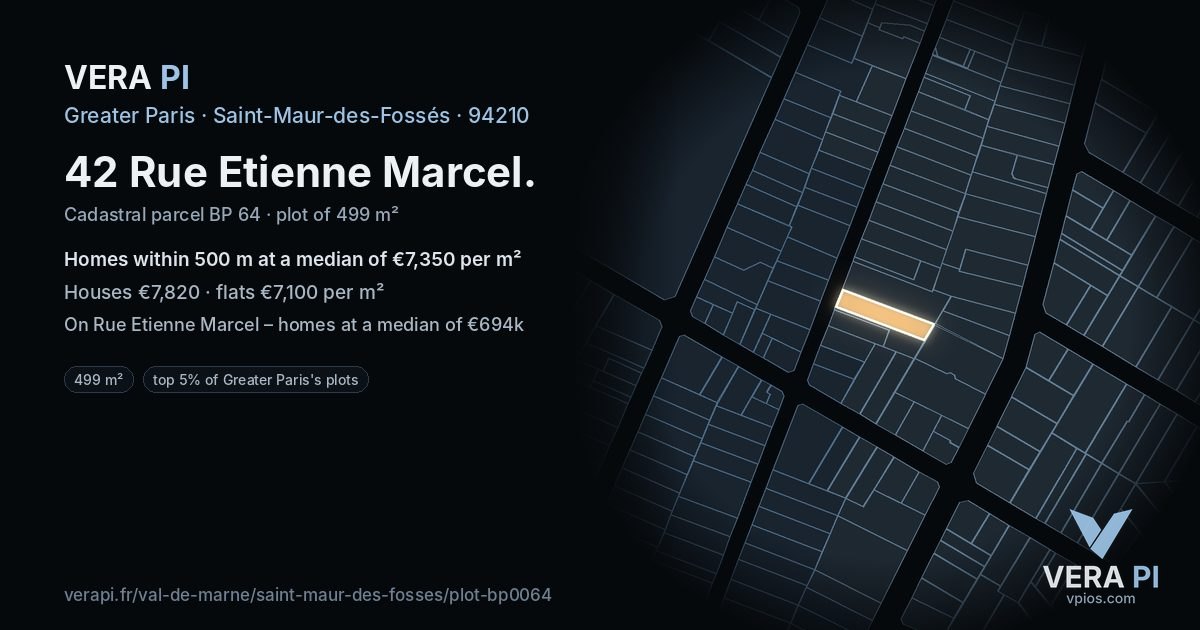 42 Rue Etienne Marcel, Saint-Maur-des-Fossés at night – the plot lit, the parcels around coloured by the prices near them