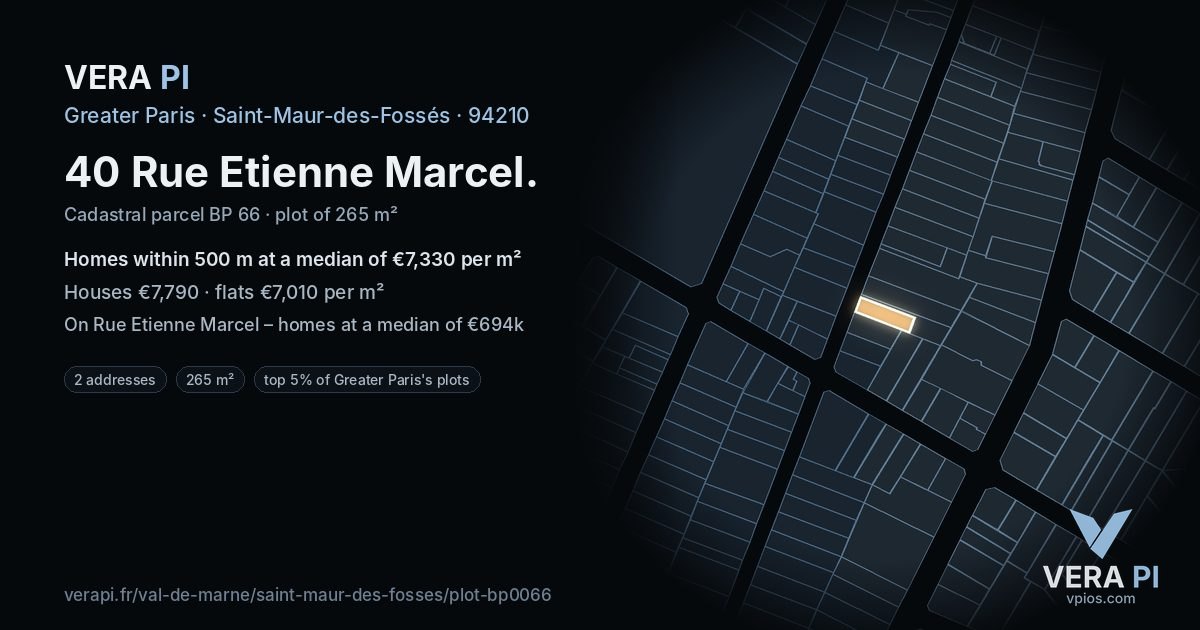 40 Rue Etienne Marcel, Saint-Maur-des-Fossés at night – the plot lit, the parcels around coloured by the prices near them