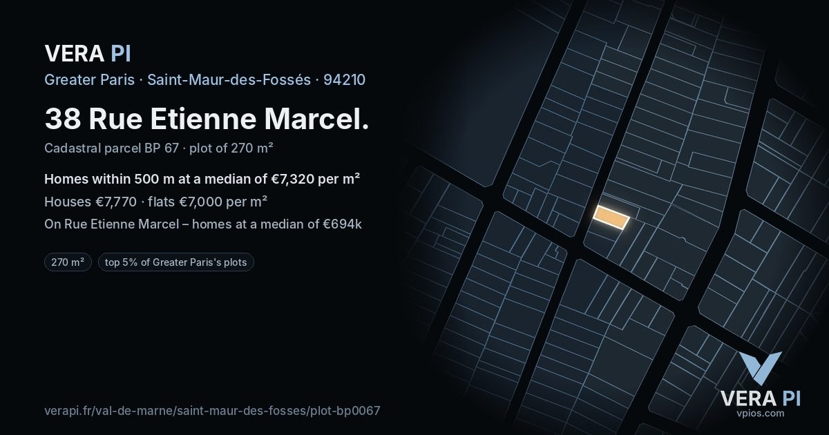 38 Rue Etienne Marcel, Saint-Maur-des-Fossés at night – the plot lit, the parcels around coloured by the prices near them