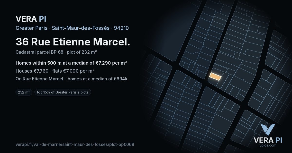36 Rue Etienne Marcel, Saint-Maur-des-Fossés at night – the plot lit, the parcels around coloured by the prices near them