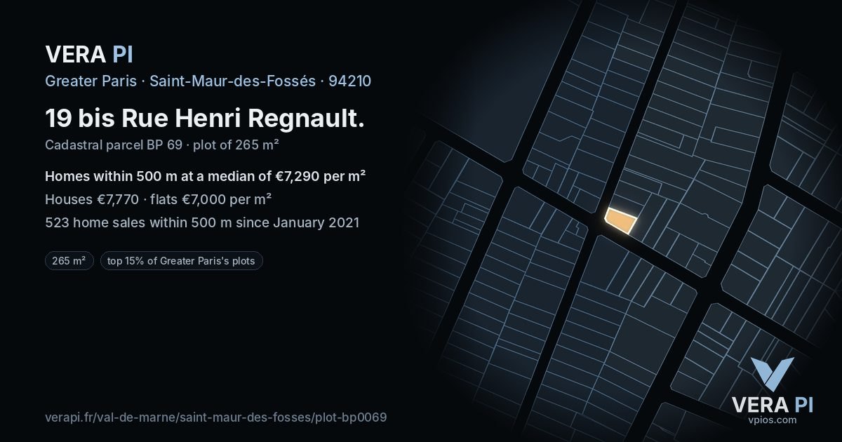 19 bis Rue Henri Regnault, Saint-Maur-des-Fossés at night – the plot lit, the parcels around coloured by the prices near them
