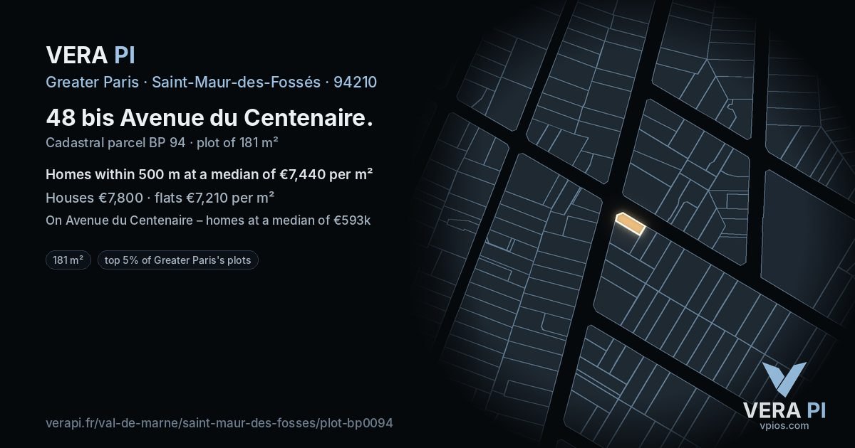 48 bis Avenue du Centenaire, Saint-Maur-des-Fossés at night – the plot lit, the parcels around coloured by the prices near them