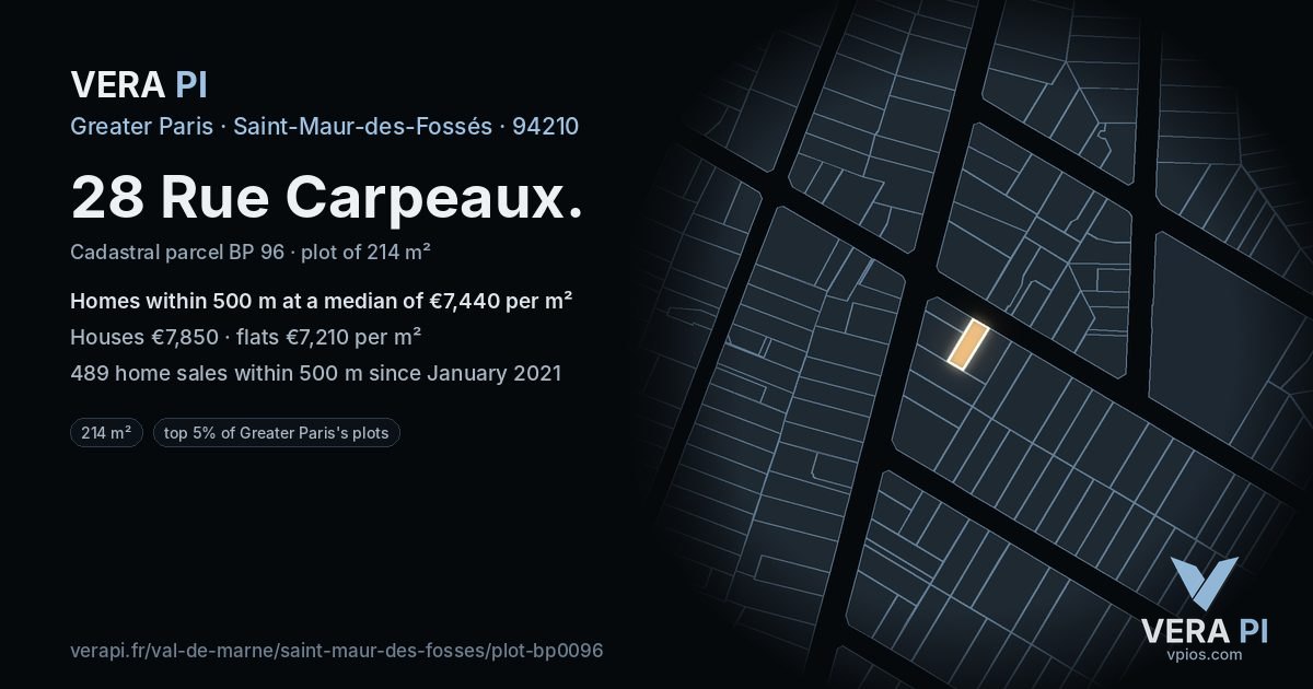 28 Rue Carpeaux, Saint-Maur-des-Fossés at night – the plot lit, the parcels around coloured by the prices near them